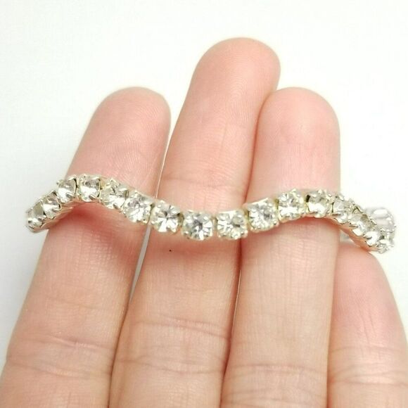 Vintage Wavy Rhinestone Bangle Bracelet, Silver Tone Cuff, Estate - Picture 1 of 7